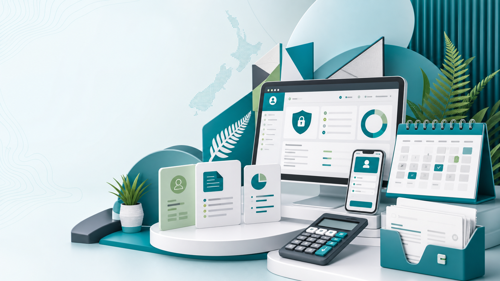 Illustration of a secure New Zealand tax services portal with account, calculator, documents and calendar